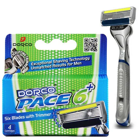 Dorco Pace 6 Plus razor and cartridges in retail packaging