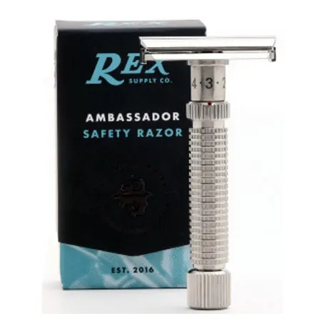 Rex Ambassador double-edge safety razor standing next to its box